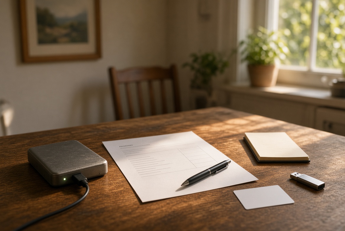 Kitchen table set for a house-call visit: the drive, a printed price sheet, a pen, and a blank USB.